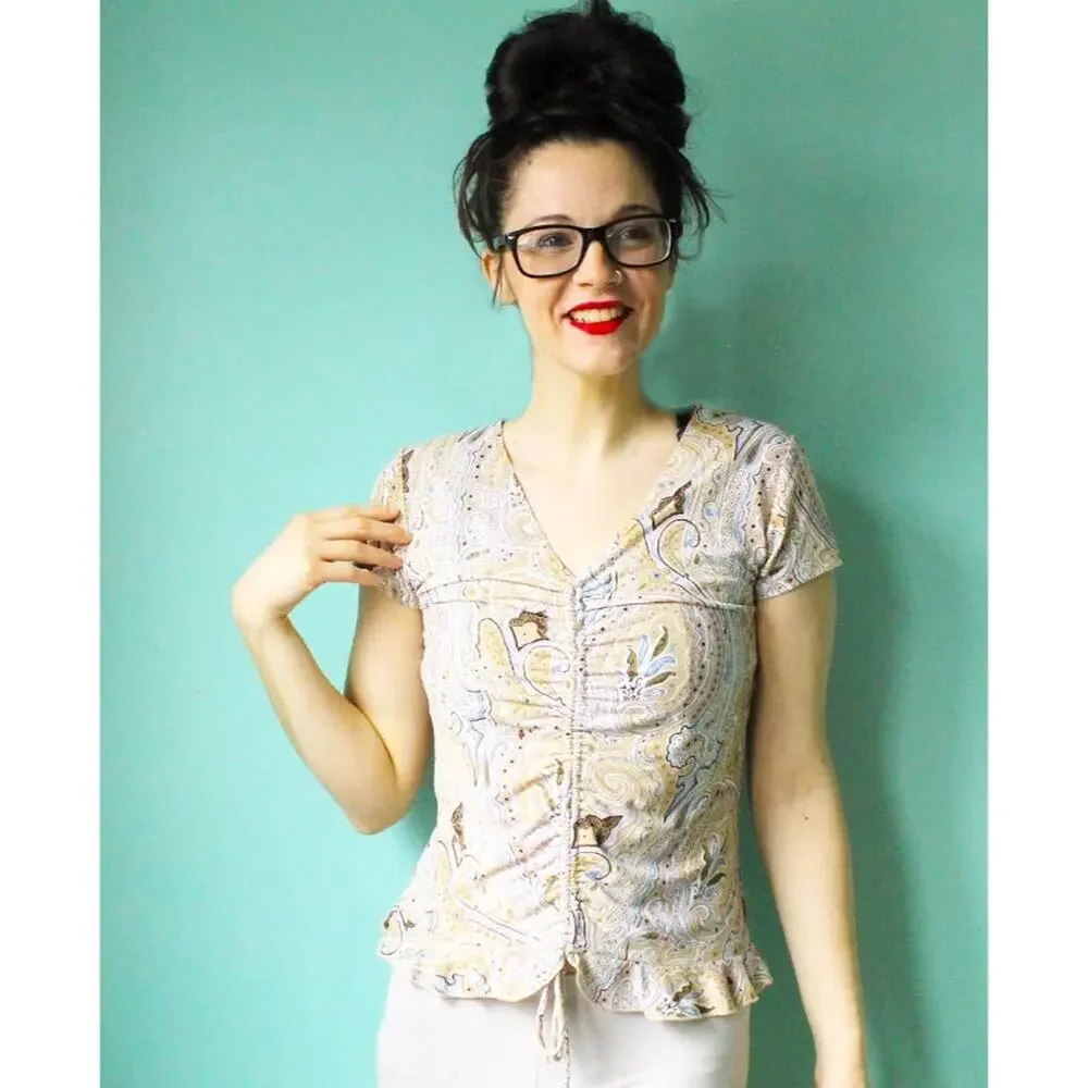 RAVE Vintage 2000's Tan Paisley Floral Ruched Short Sleeve Scrunchy Top - Picture 2 of 7